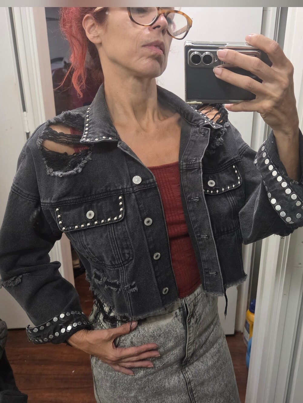 forever 21 Premium Vtg Punk black denim crop trucker jacket studded distressed M